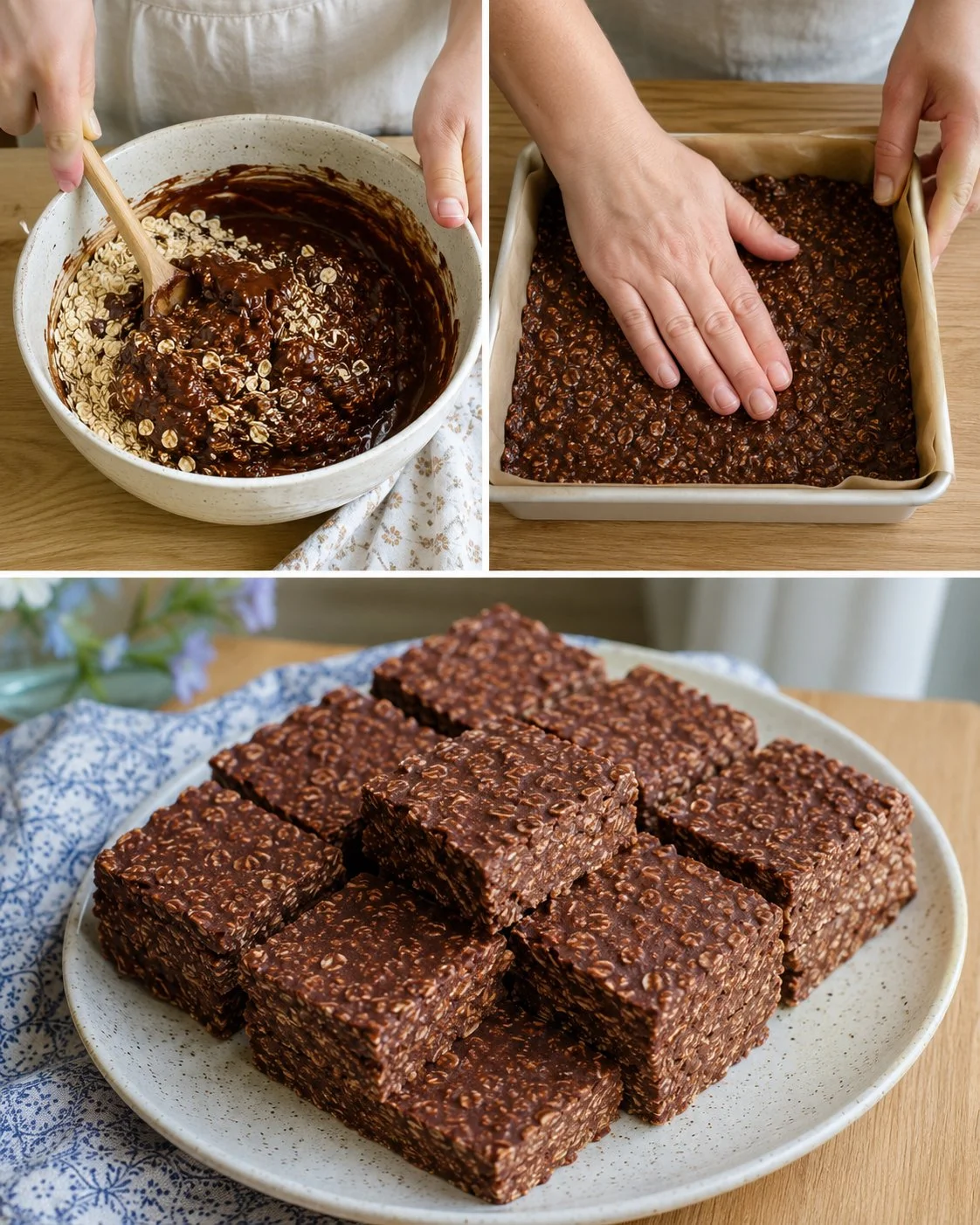 Delicious no-bake cocoa oat squares on a plate, perfect for a healthy snack.