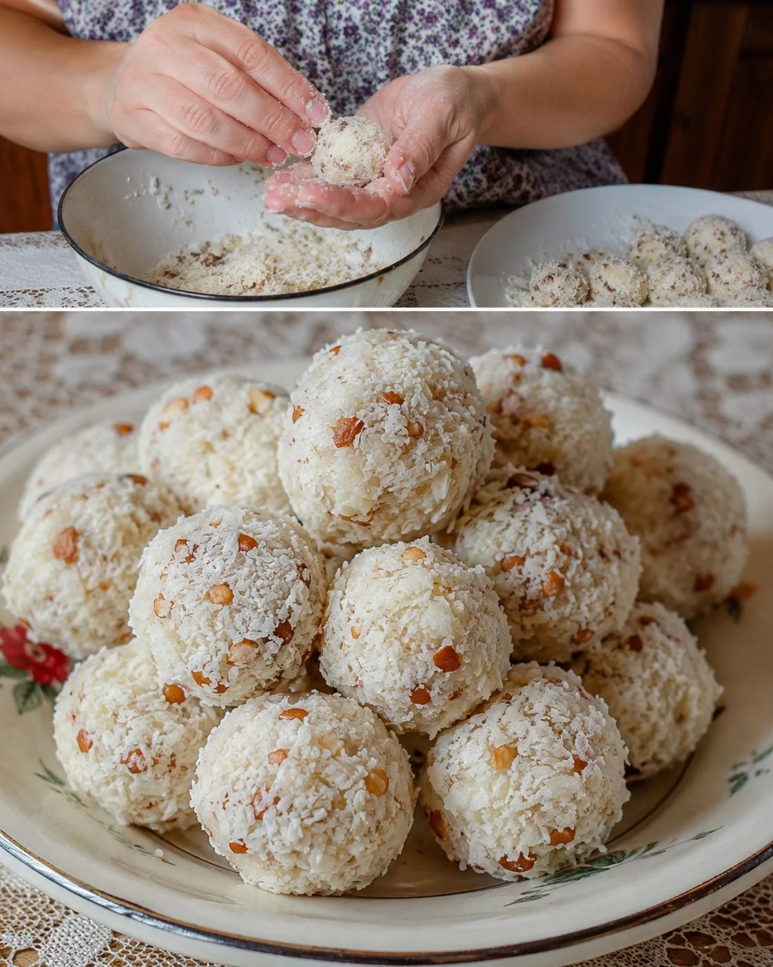 Delicious no-bake coconut almond balls stacked on a white plate.