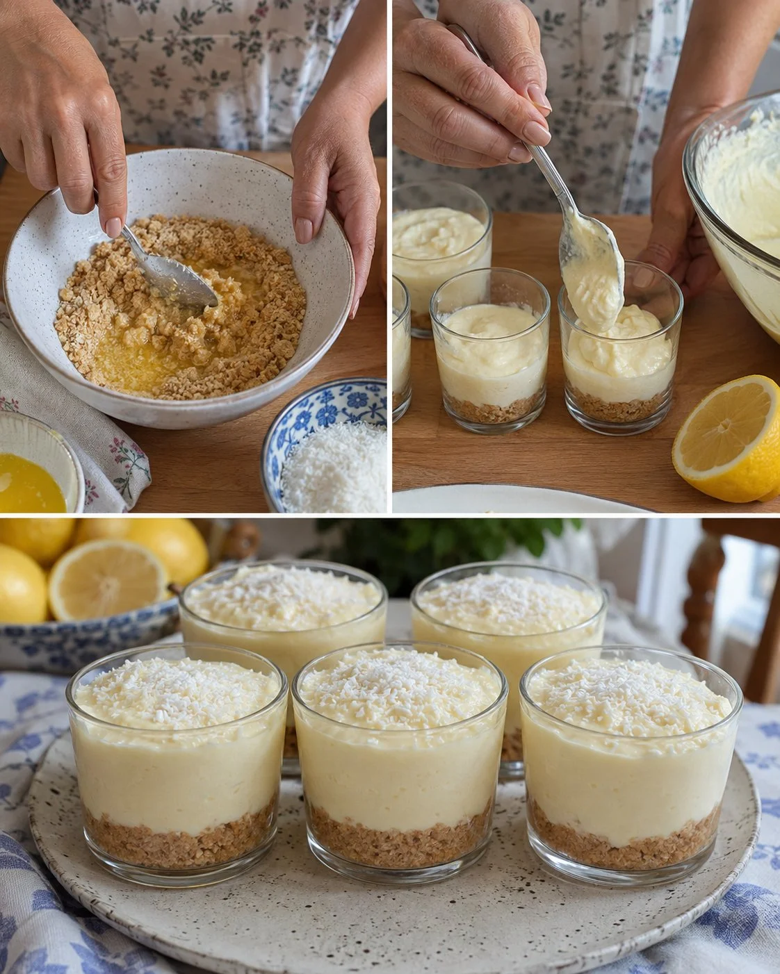 Delicious no-bake coconut lemon cups served in clear glasses