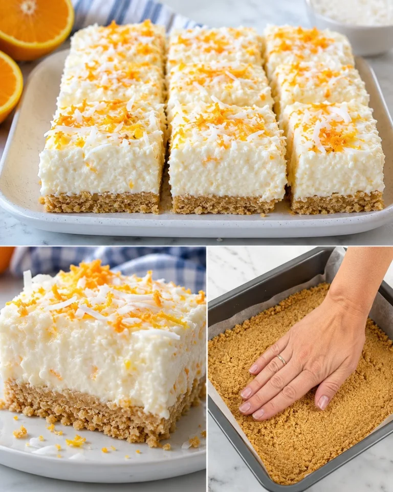 No-bake orange coconut cream bars topped with coconut flakes and orange zest
