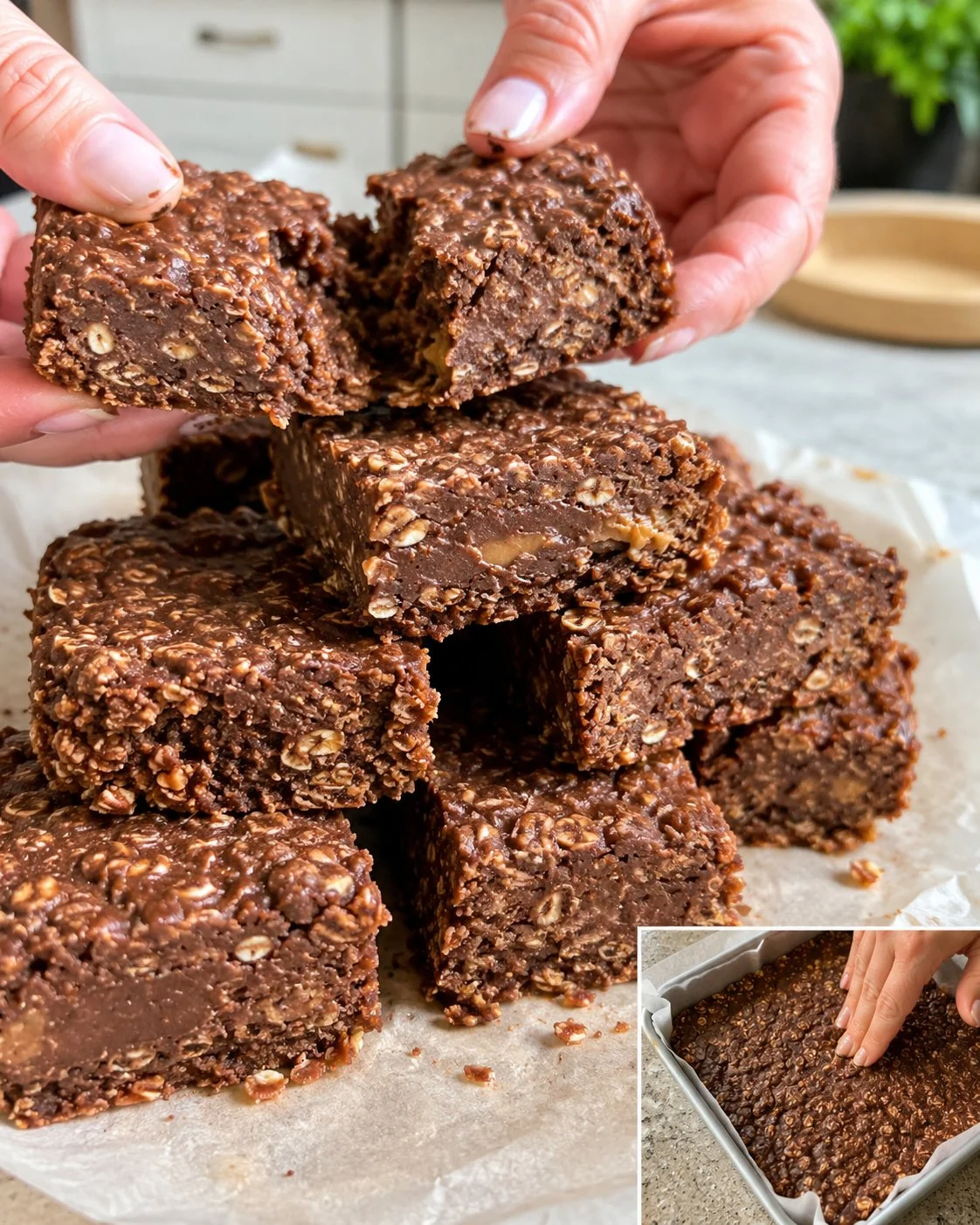 Delicious no-bake peanut butter fudge oatmeal squares on a plate
