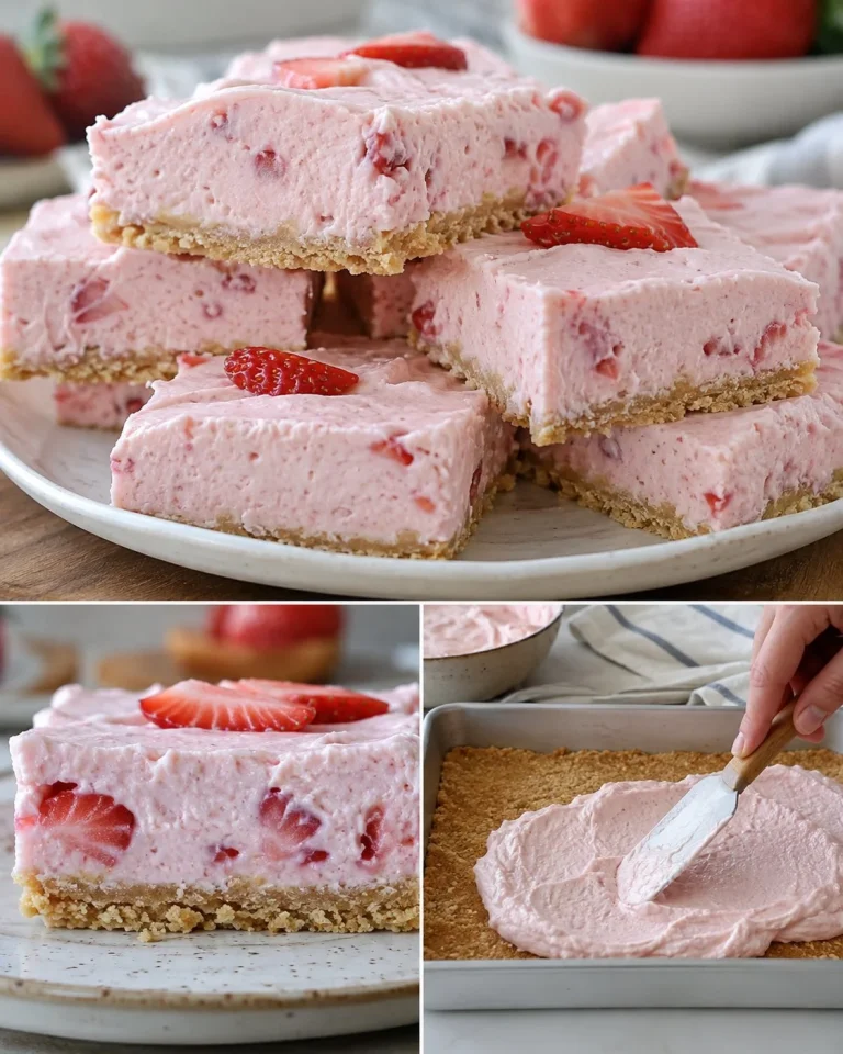 No-Bake Strawberry Yogurt Biscuit Slice topped with fresh strawberries