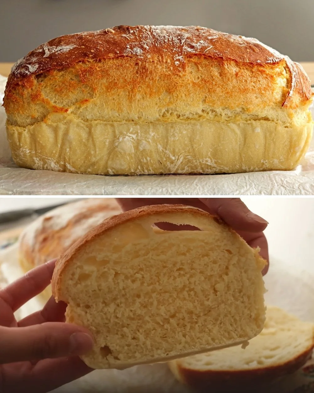 Freshly baked no-knead bread on a rustic wooden table.