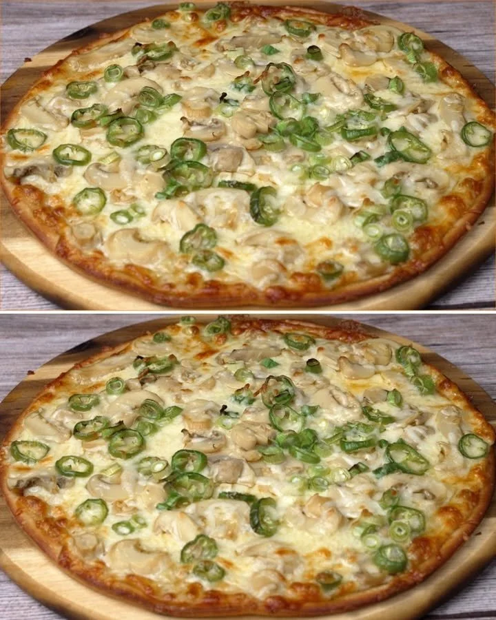 Homemade No Knead Pizza with liquid dough fresh out of the oven.