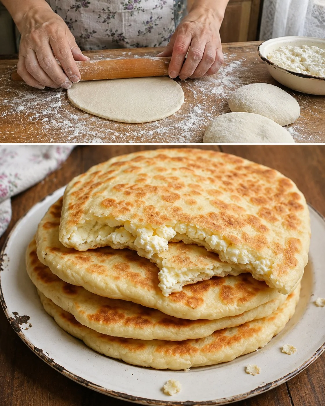 No-yeast cottage cheese flatbread on a wooden cutting board