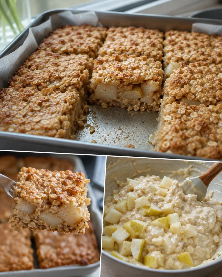 Baked oatmeal with yogurt and pear in a dish, ready to serve.