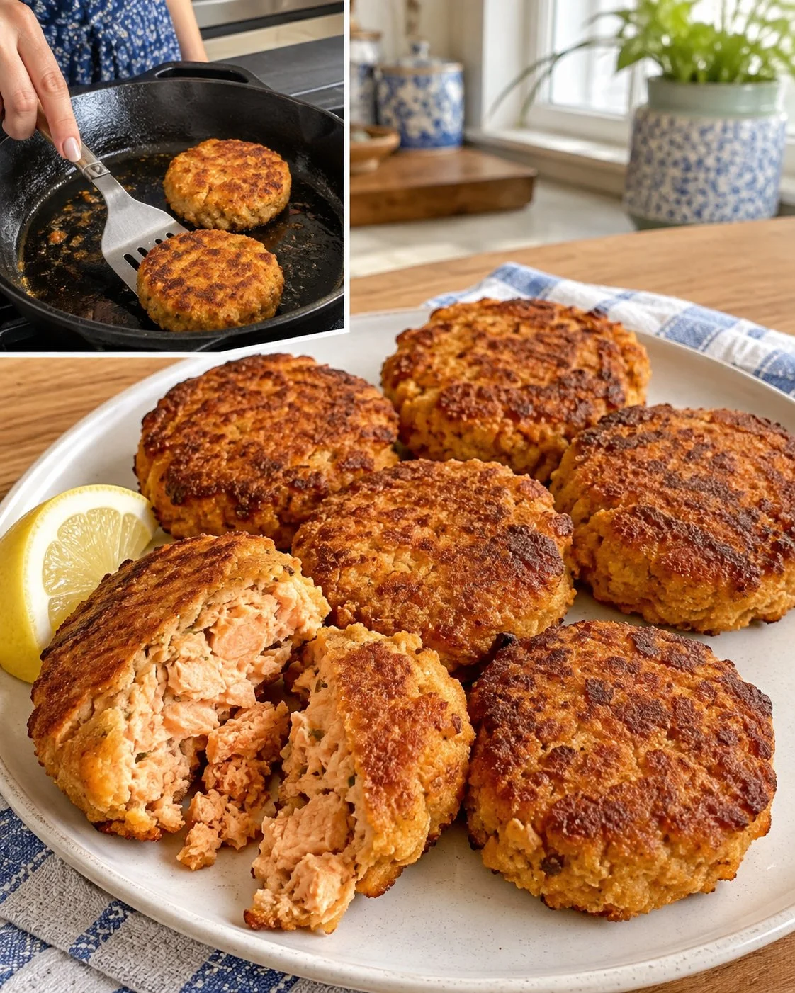 Old-fashioned cornmeal salmon cakes served on a plate with garnish.