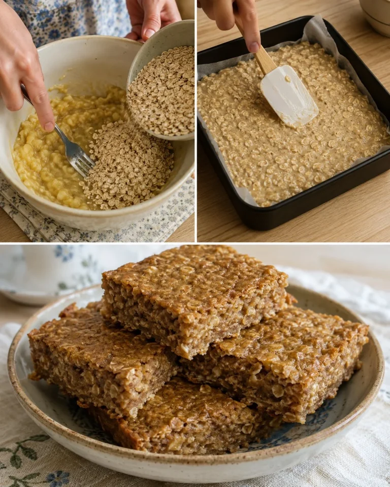 Delicious one-bowl banana oat squares on a wooden table