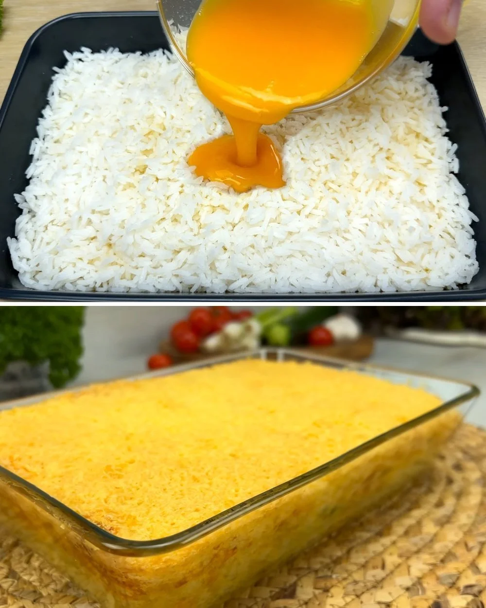 Oven baked rice and eggs dish served in a white bowl