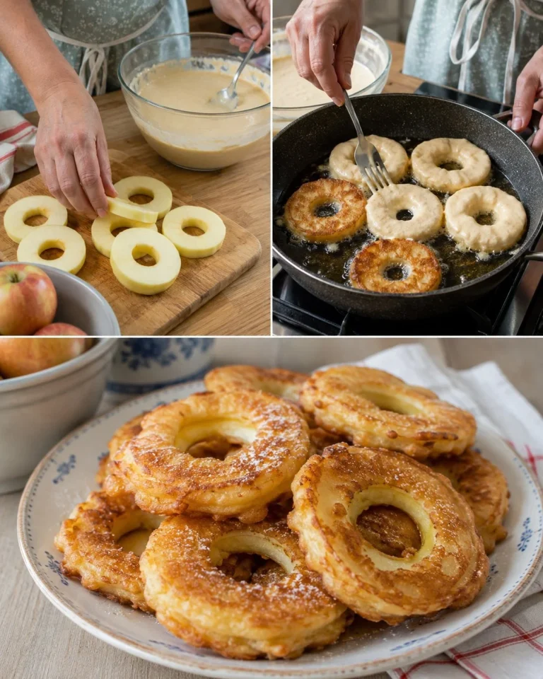 Pan-fried apple pancake rings on a plate topped with syrup and cinnamon.
