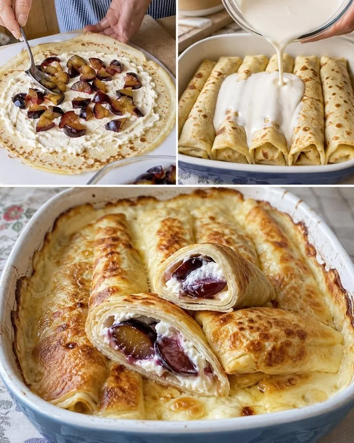 Pancake rolls with cream cheese filling and juicy plums on a plate