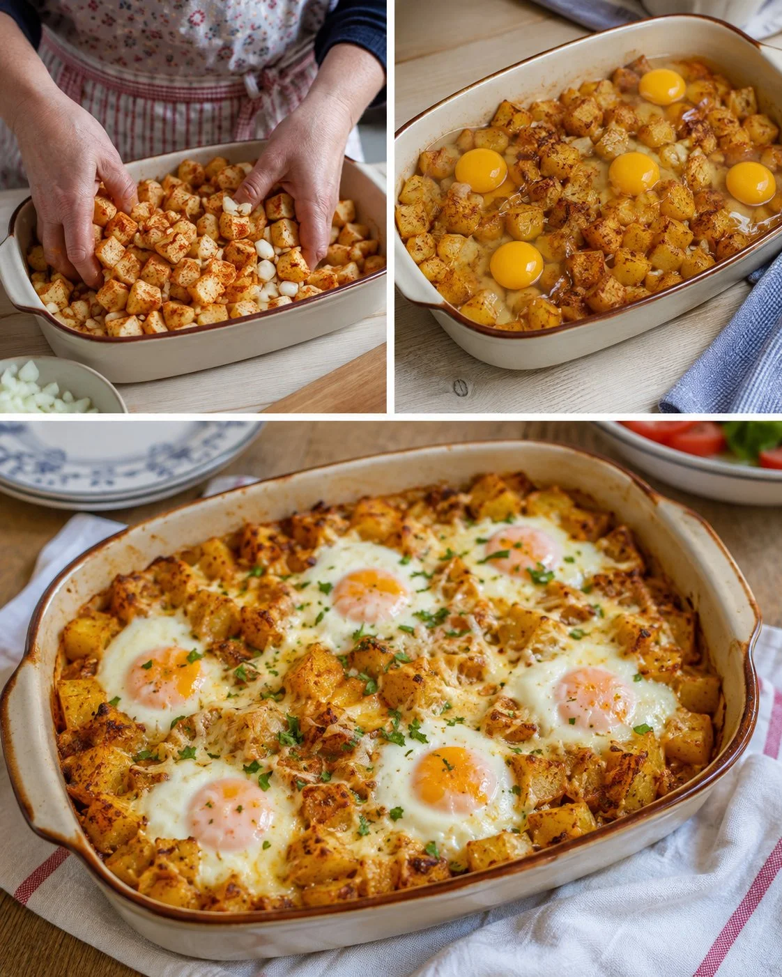 Paprika potato breakfast bake served in a dish, garnished and ready to eat.