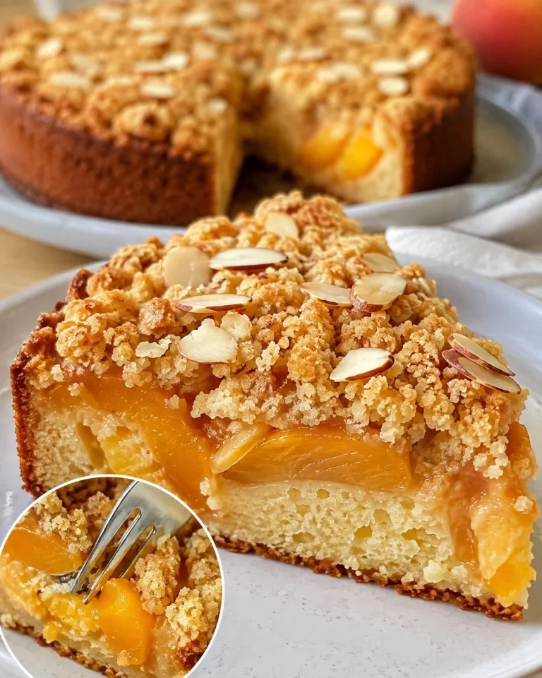 Peach Almond Streusel Cake topped with almond streusel and fresh peach slices
