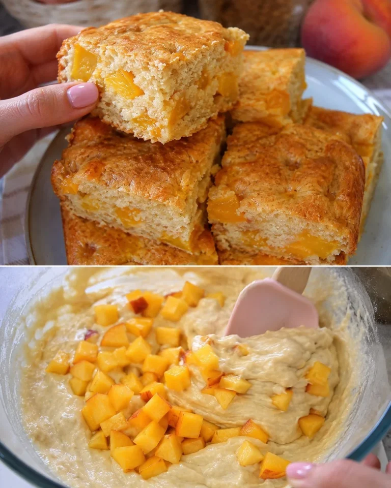 Delicious Peach Oat Yogurt Snack Cake with fresh peach slices and oats