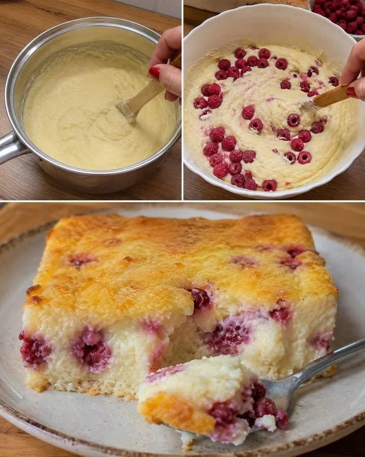 Baked krupicová kaša with raspberries, a creamy family dessert