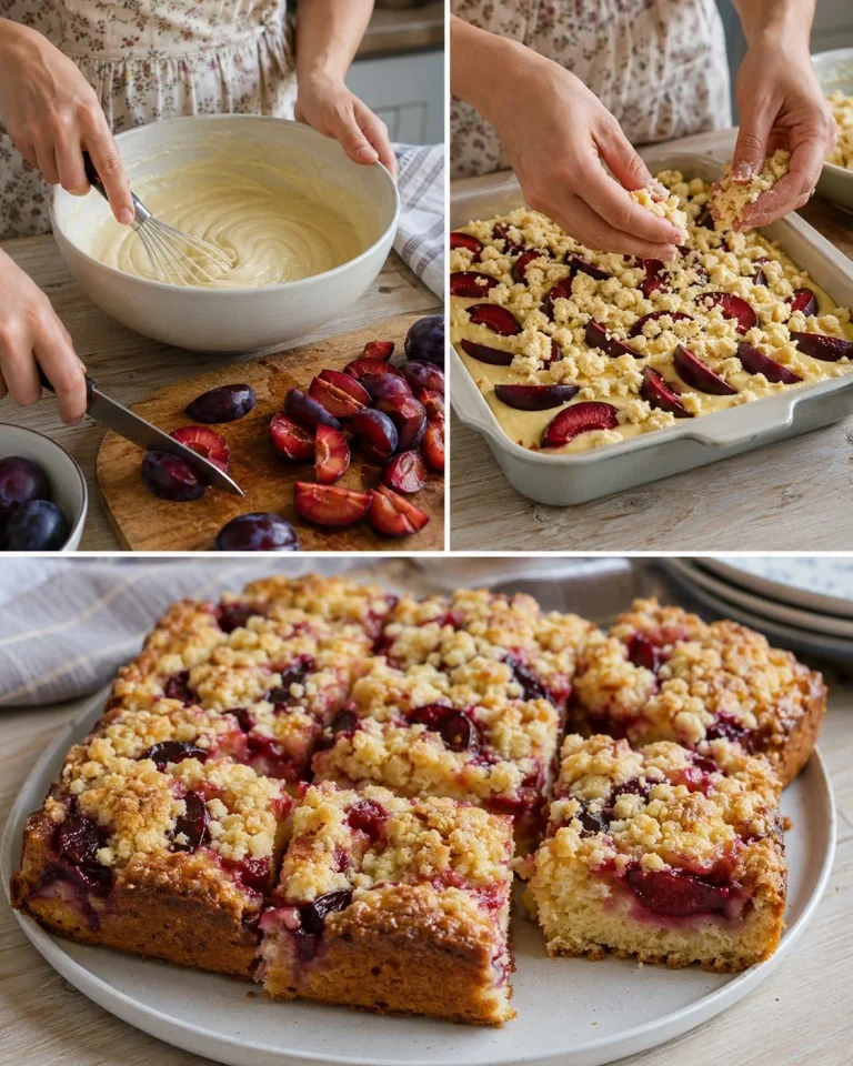 Delicious Plum Crumble Cake topped with a buttery crumble for dessert.