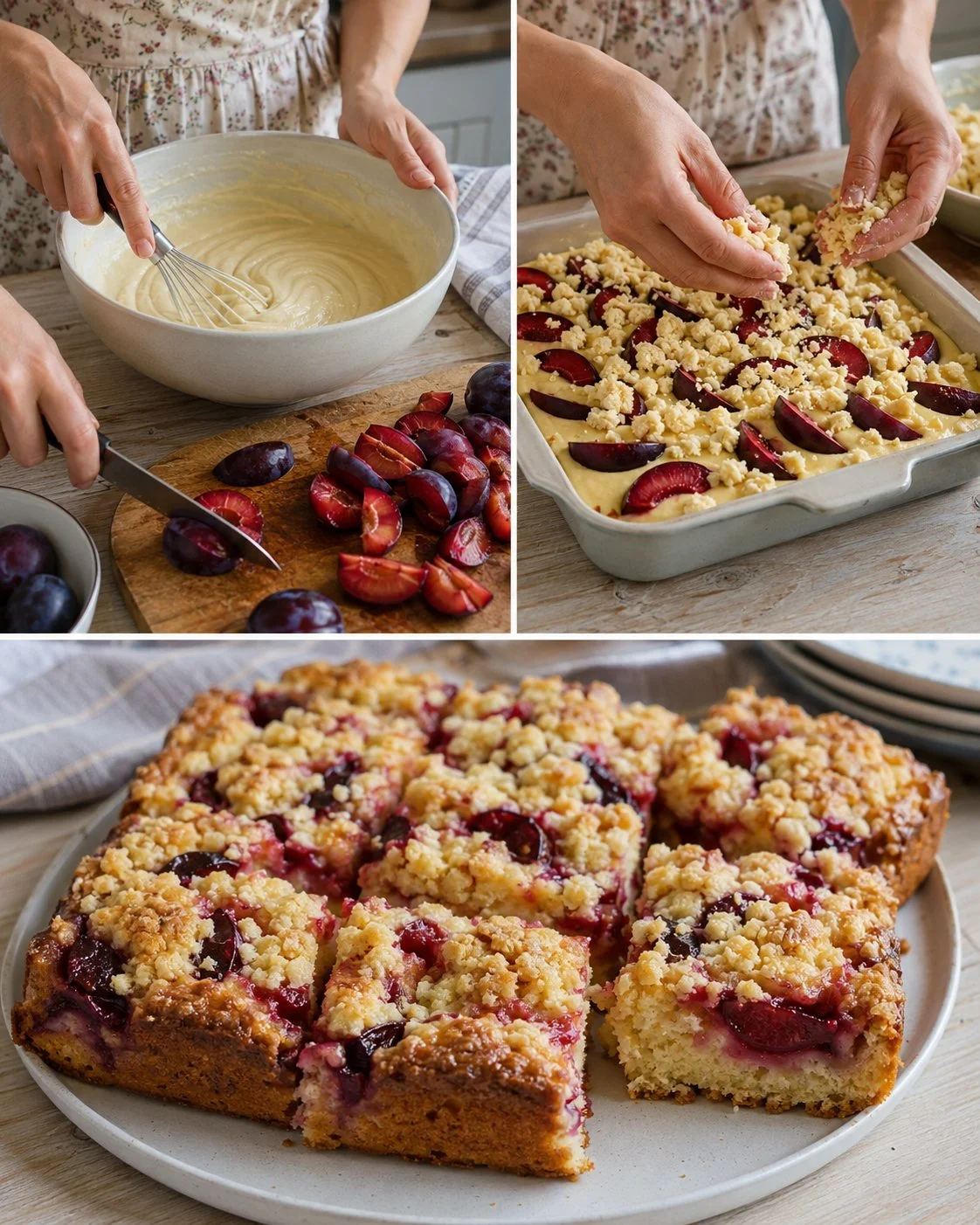 Delicious Plum Crumble Cake topped with a buttery crumble for dessert.