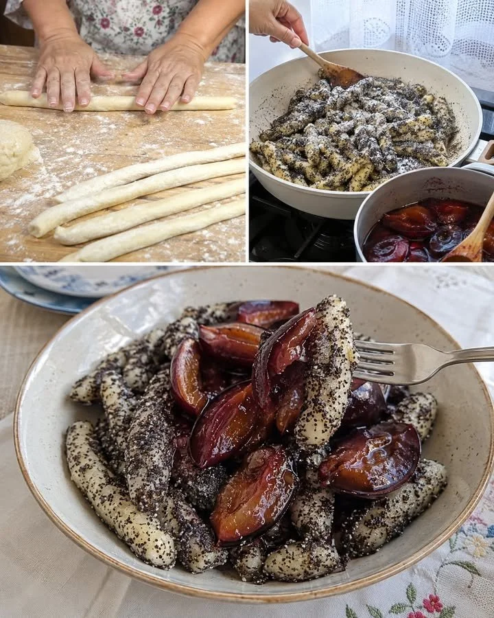 Plate of potato dumplings with poppy seeds and warm plums served on a table.