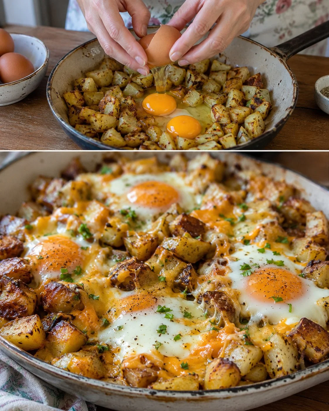 Delicious potato egg breakfast skillet topped with fresh herbs.