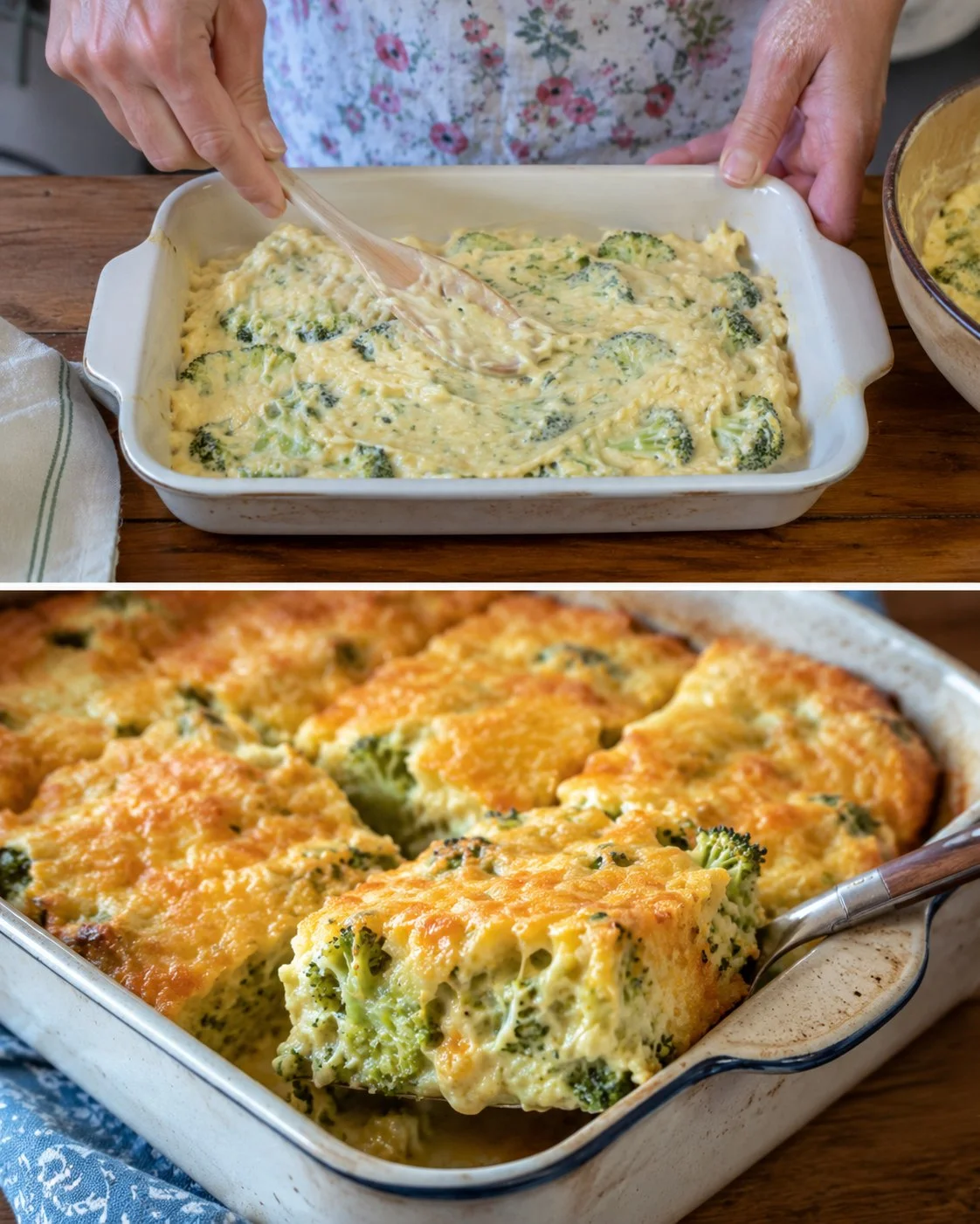 Delicious broccoli cheese bake served in a dish, ready for dinner.