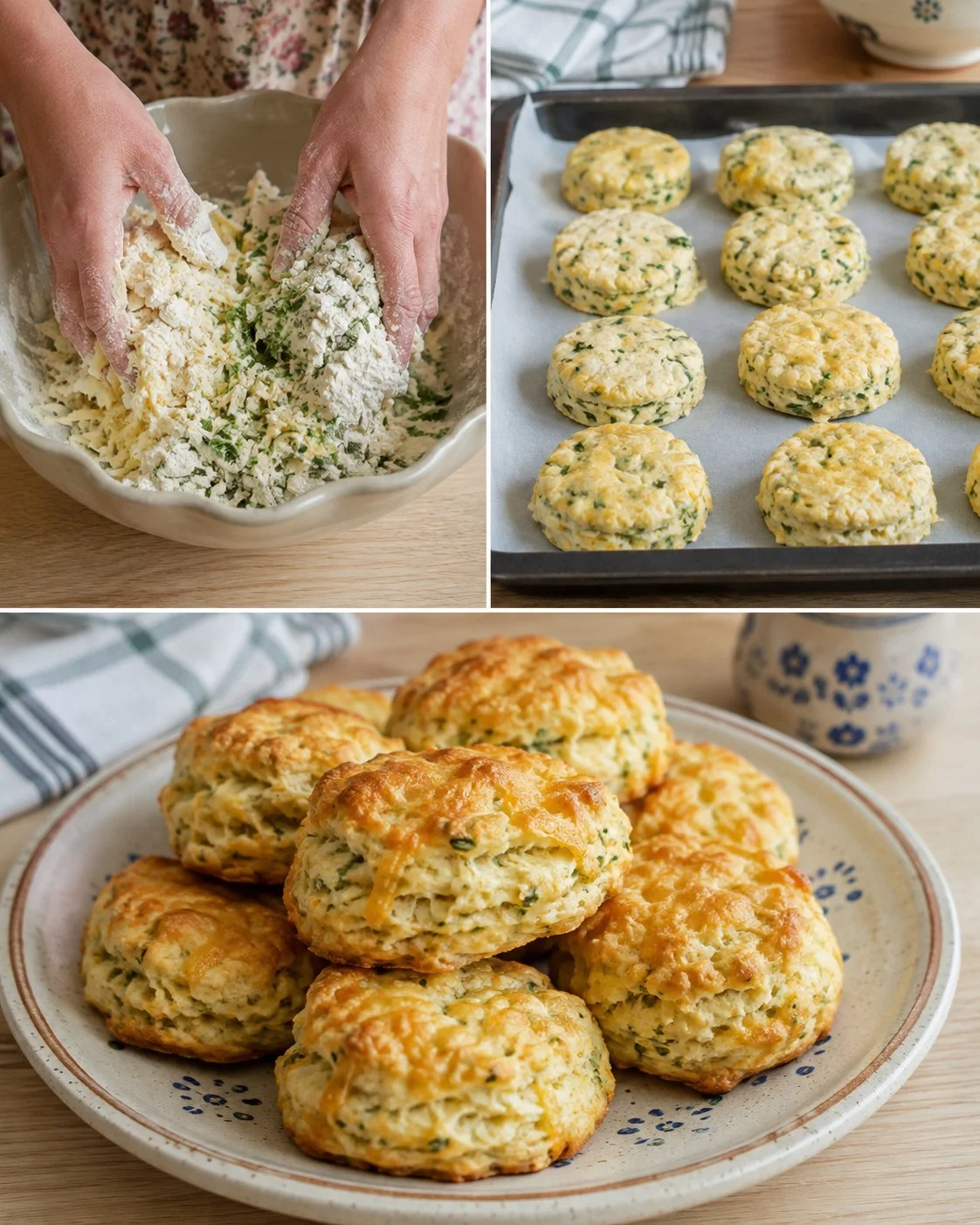 Freshly baked cheese herb scones on a wooden board