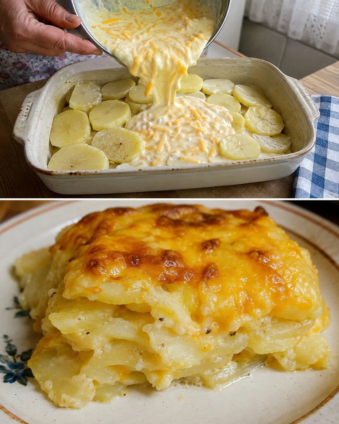 Delicious potato cheese bake fresh out of the oven, golden and cheesy