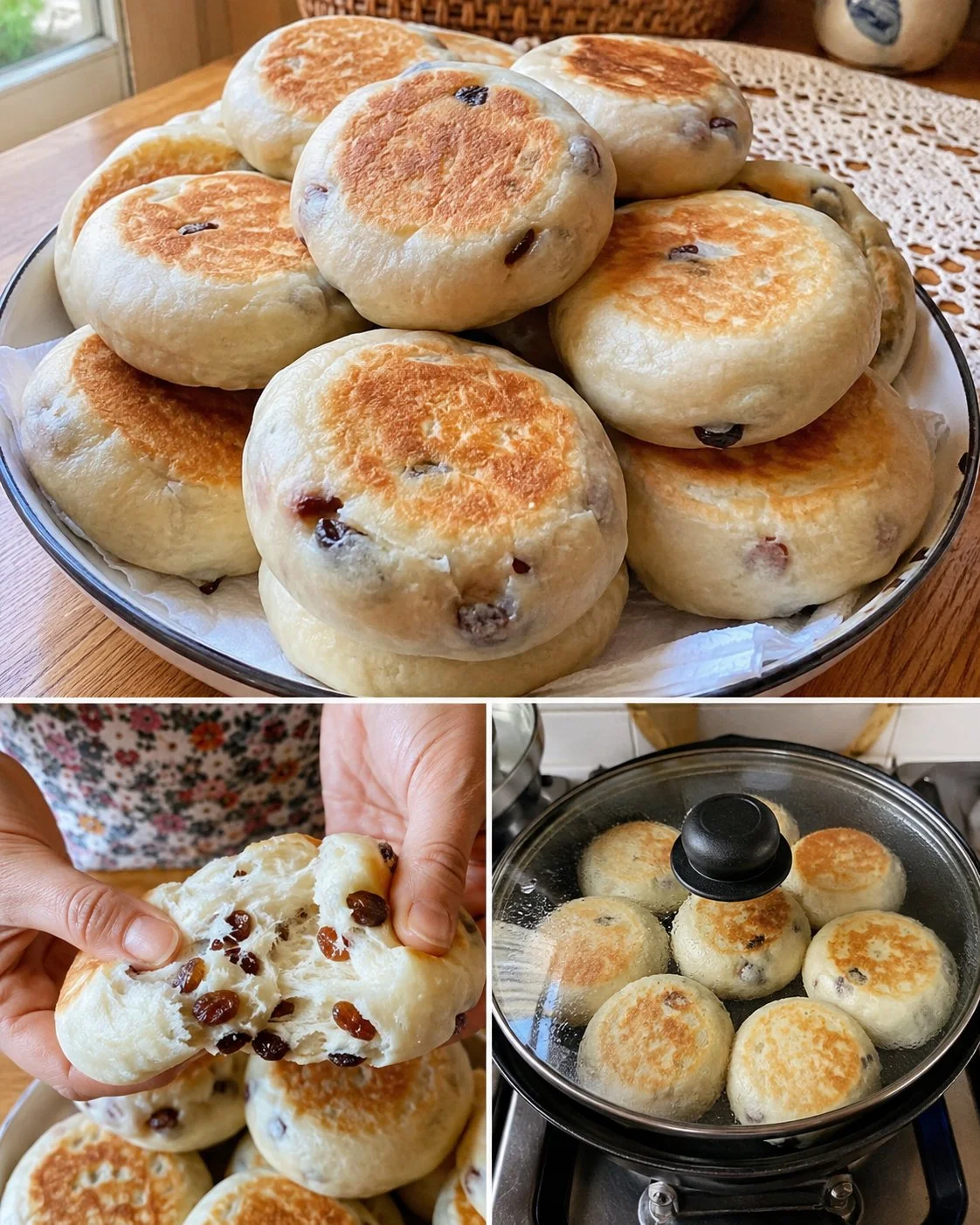 Delicious quick yogurt raisin pan buns freshly baked and ready to enjoy.