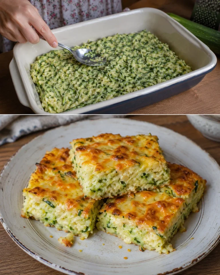 Quick zucchini cheese bake topped with melted cheese, fresh zucchini slices