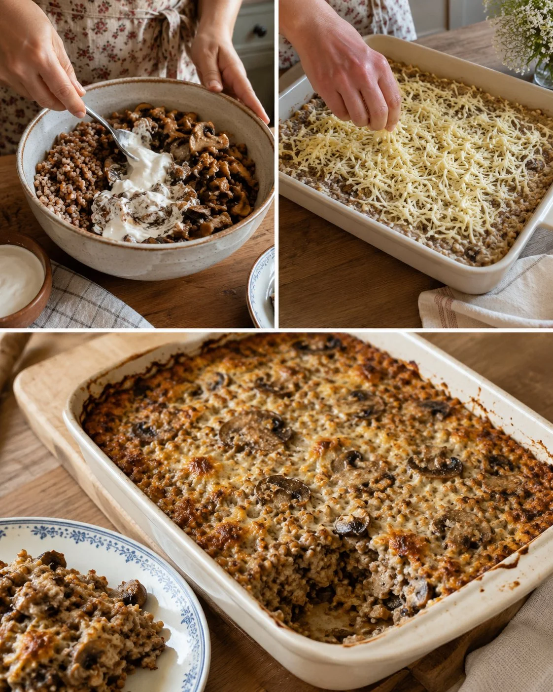 Rustic Mushroom Buckwheat Casserole with fresh mushrooms and herbs