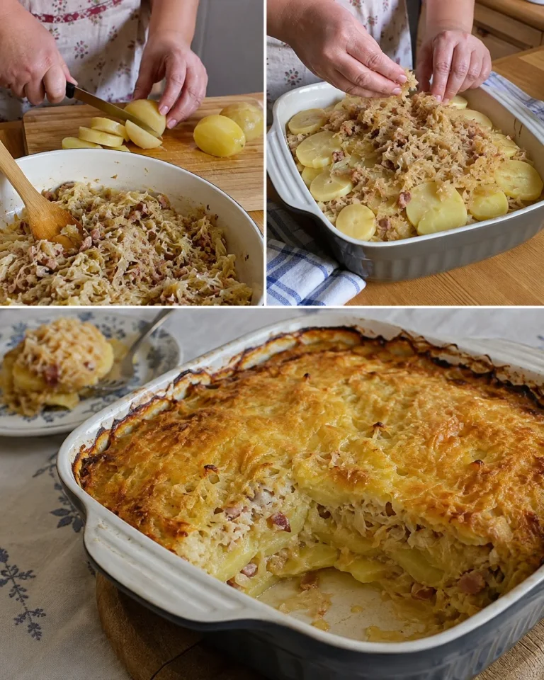 Delicious rustic sauerkraut potato bake served in a dish