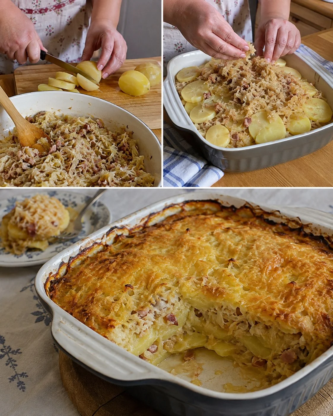 Delicious rustic sauerkraut potato bake served in a dish