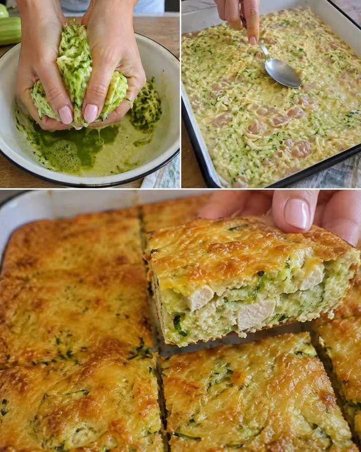 Quick zucchini cake recipe with chicken and cheese on a baking sheet.