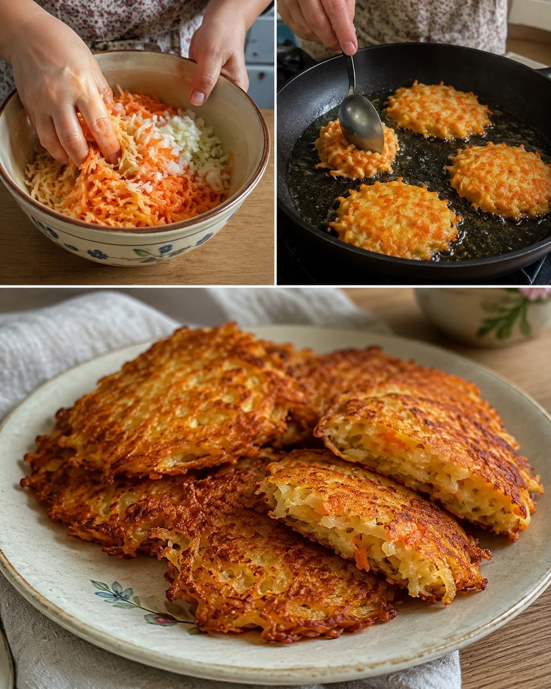 Savory carrot potato pancakes served on a plate with fresh herbs