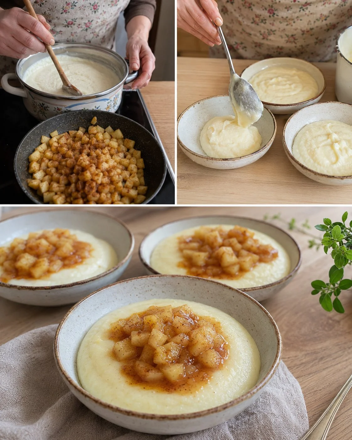 Delicious semolina apple cinnamon pudding served in a bowl with cinnamon sticks.