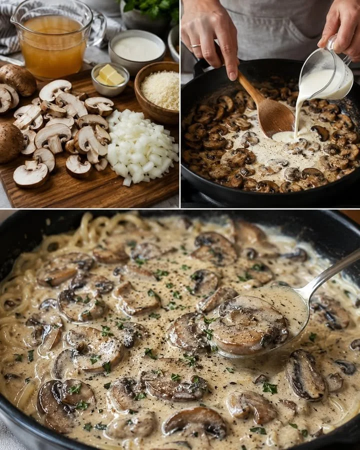 Silky mushroom sauce served over pasta, steak, and roasted potatoes.