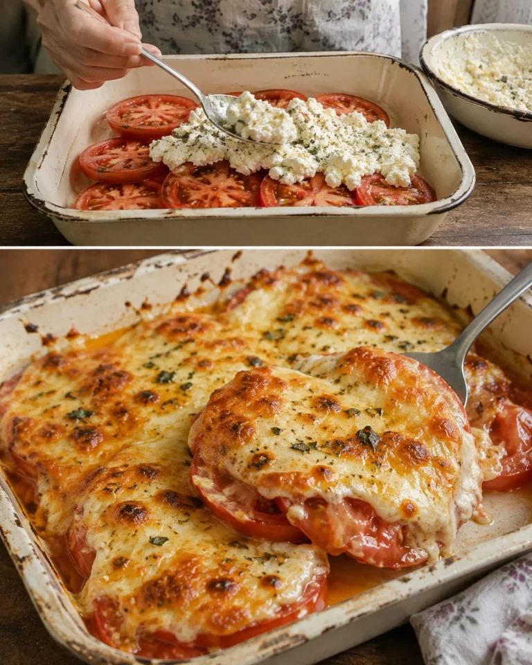 Deliciously baked tomato cheese oven dish topped with fresh herbs