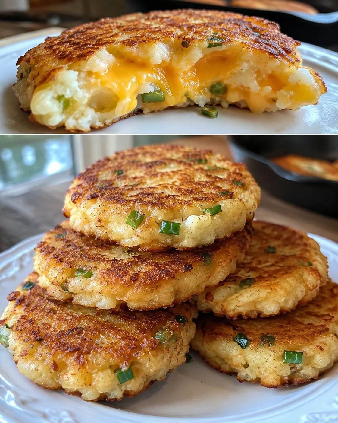Golden Skillet Cheddar Potato Cakes served with a side of dipping sauce
