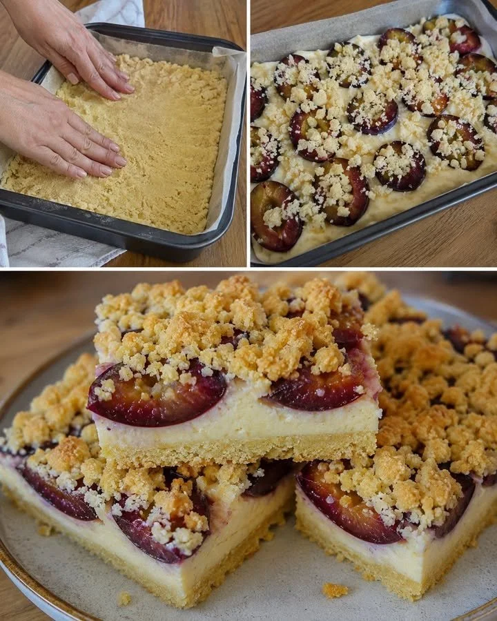 Creamy plums pudding dessert with buttery crumb topping