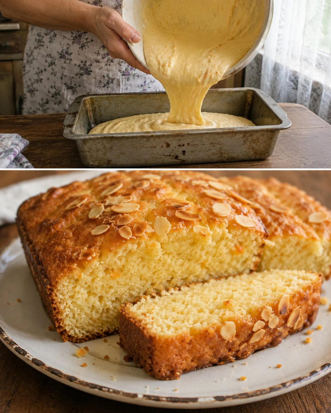 Moist Soft Almond Orange Cake with orange icing and almond garnish