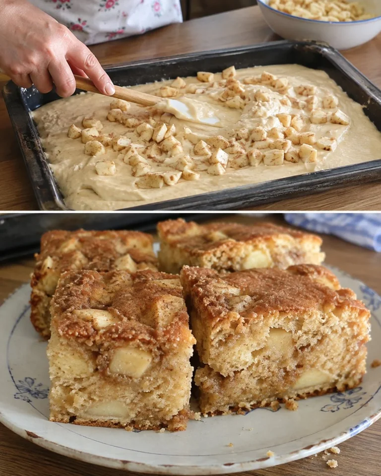 Delicious soft apple cinnamon tray cake topped with fresh apple slices and cinnamon.