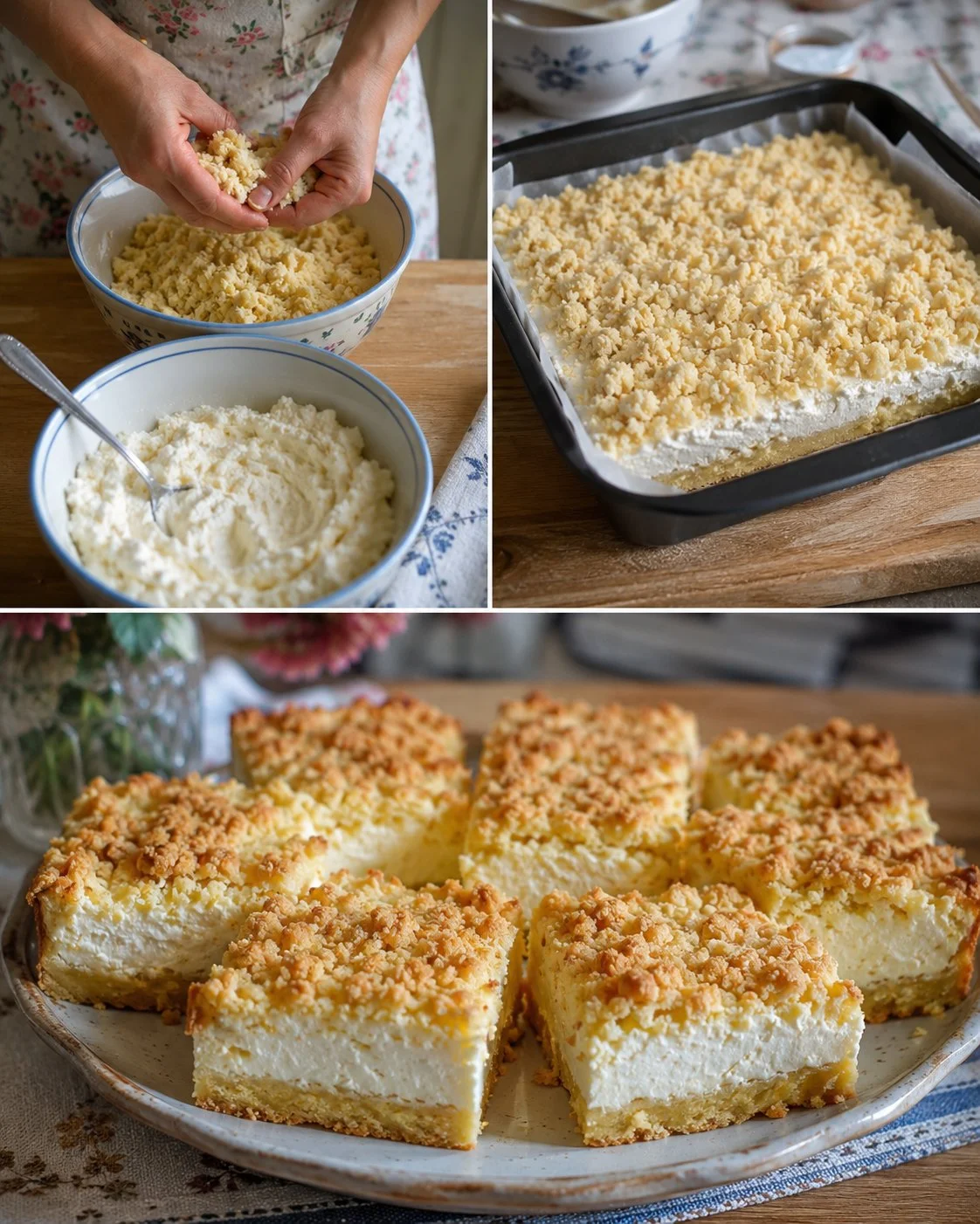 Delicious Soft Cottage Cheese Crumb Cake on a plate