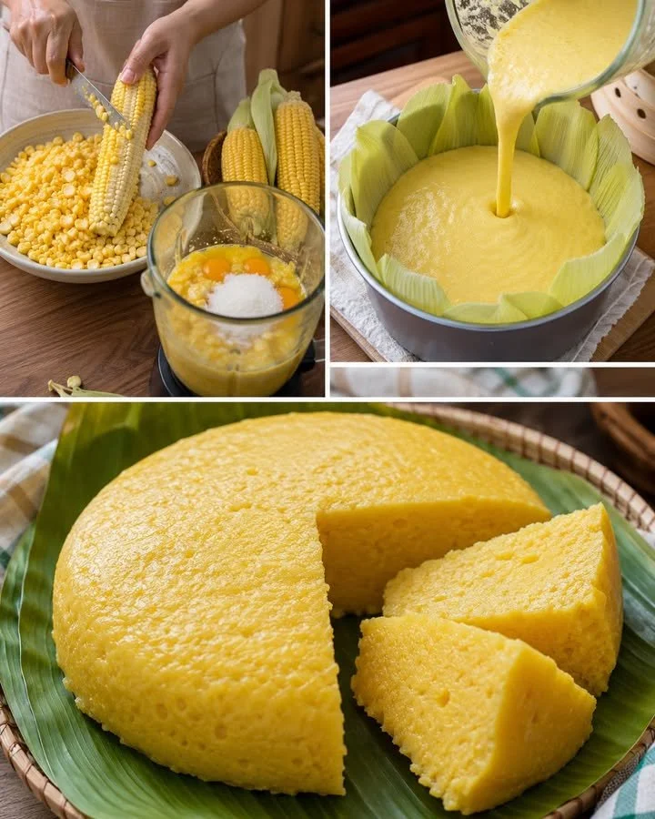 Fluffy corn cake with a golden crust and real corn kernels, served on a plate.