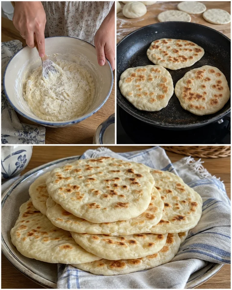 Freshly baked soft yogurt flatbreads on a wooden board