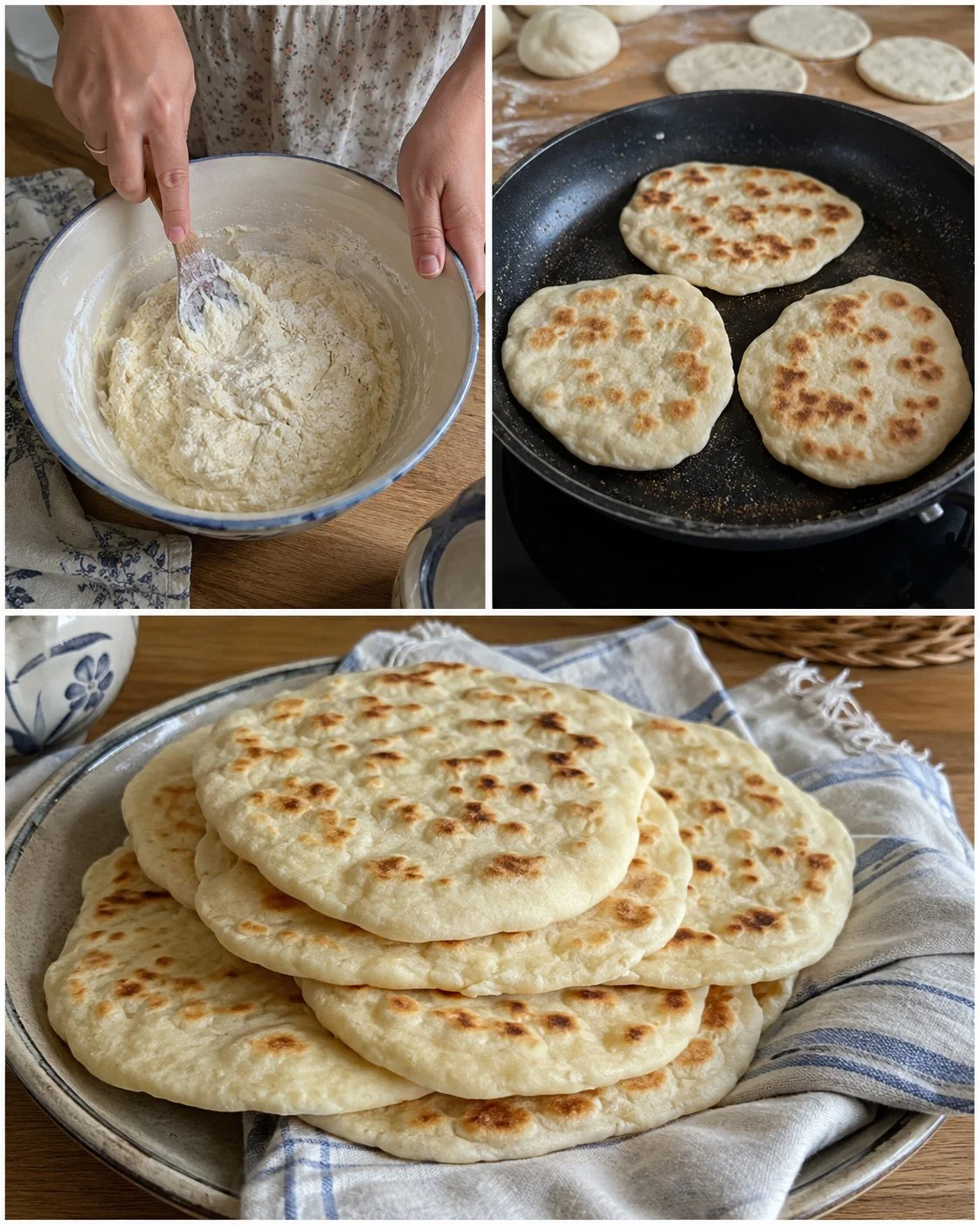 Freshly baked soft yogurt flatbreads on a wooden board