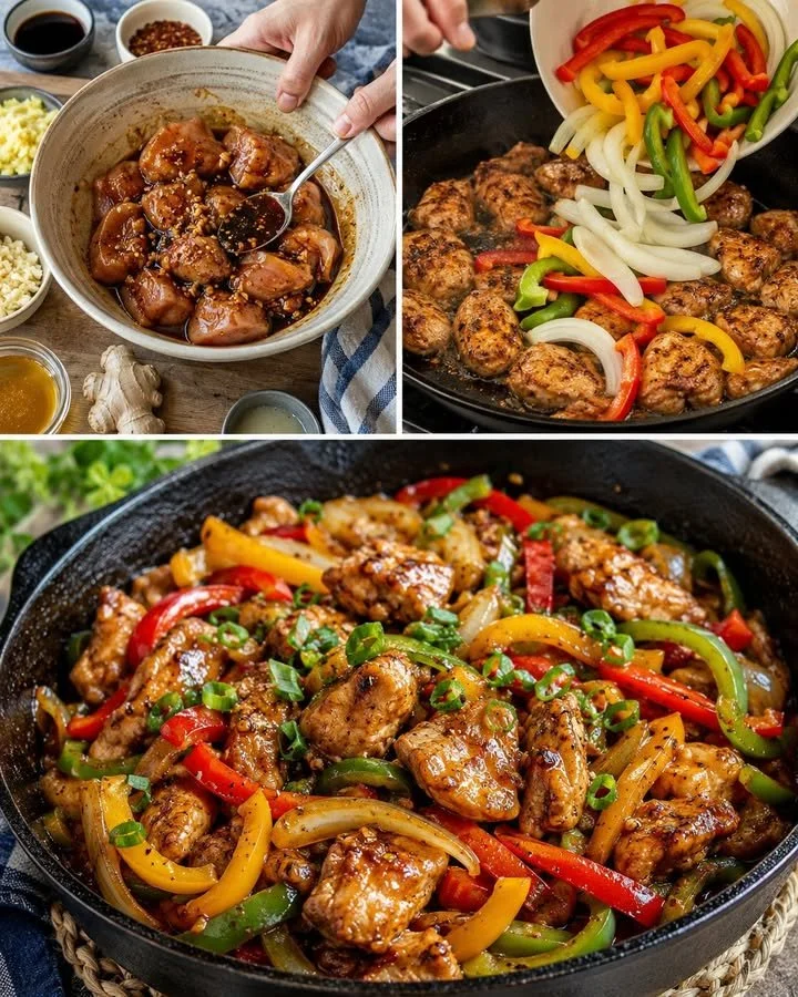 Sticky Ginger-Garlic Chicken with Sweet Peppers in a one-pan dish