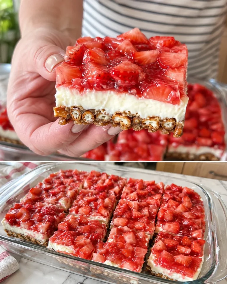 Delicious Strawberry Pretzel Cream Bars dessert with layers of pretzel, cream, and strawberries.