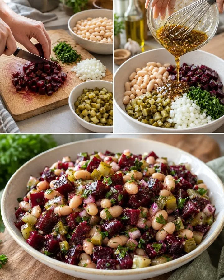 Sweet beet salad with creamy white beans and tangy pickles