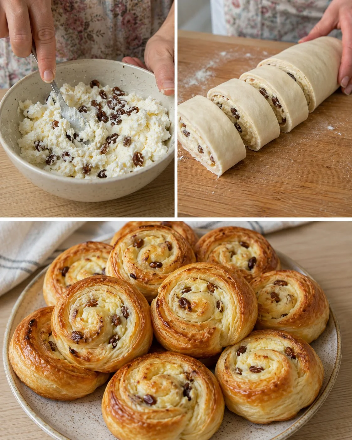 Sweet cheese raisin rolls displayed on a rustic wooden table