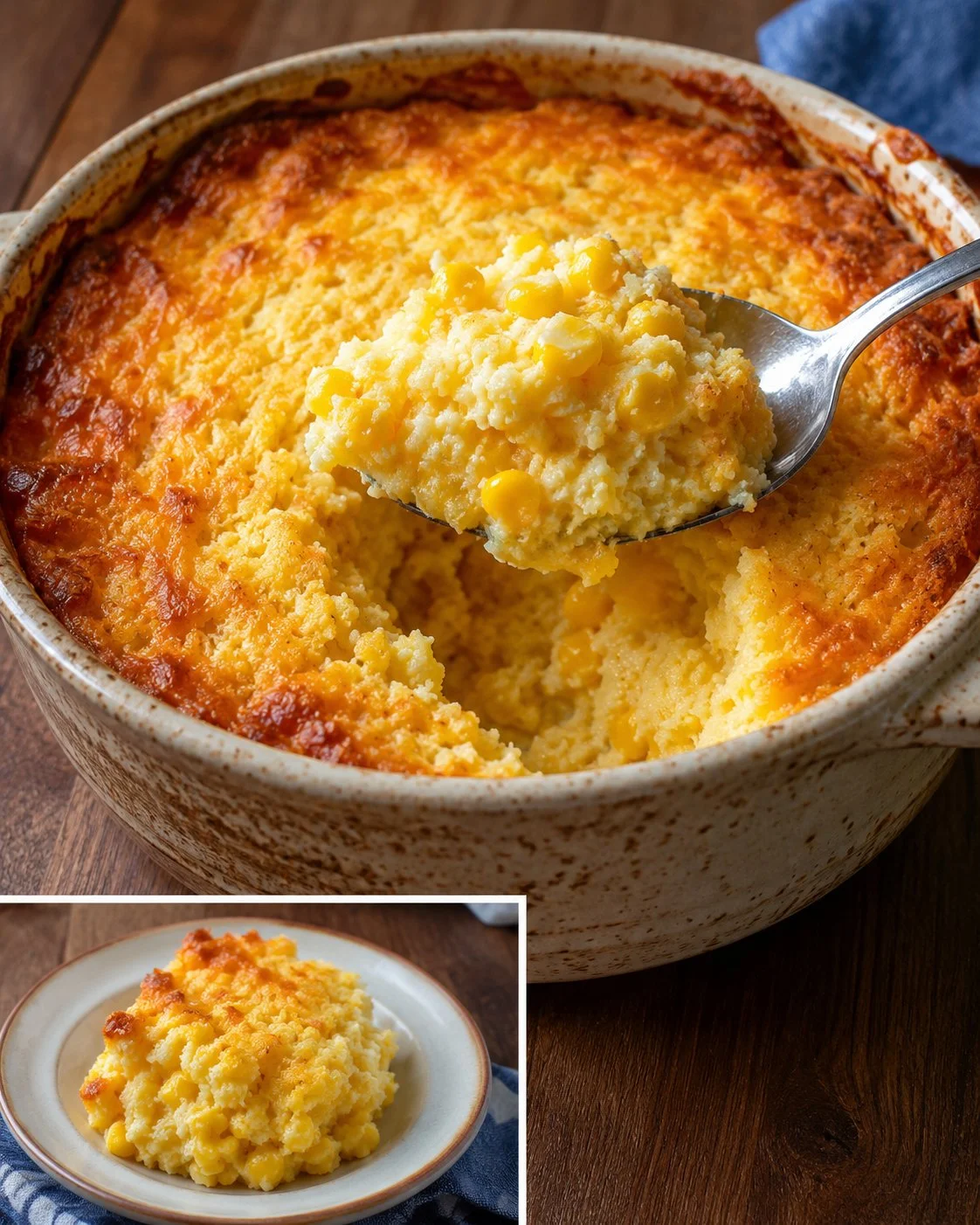 Delicious Sweet Corn Cheddar Spoonbread served in a rustic dish.