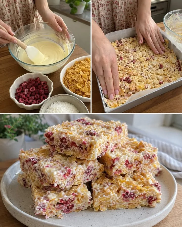 Sweet and crunchy cornflakes slice with white chocolate and raspberries dessert
